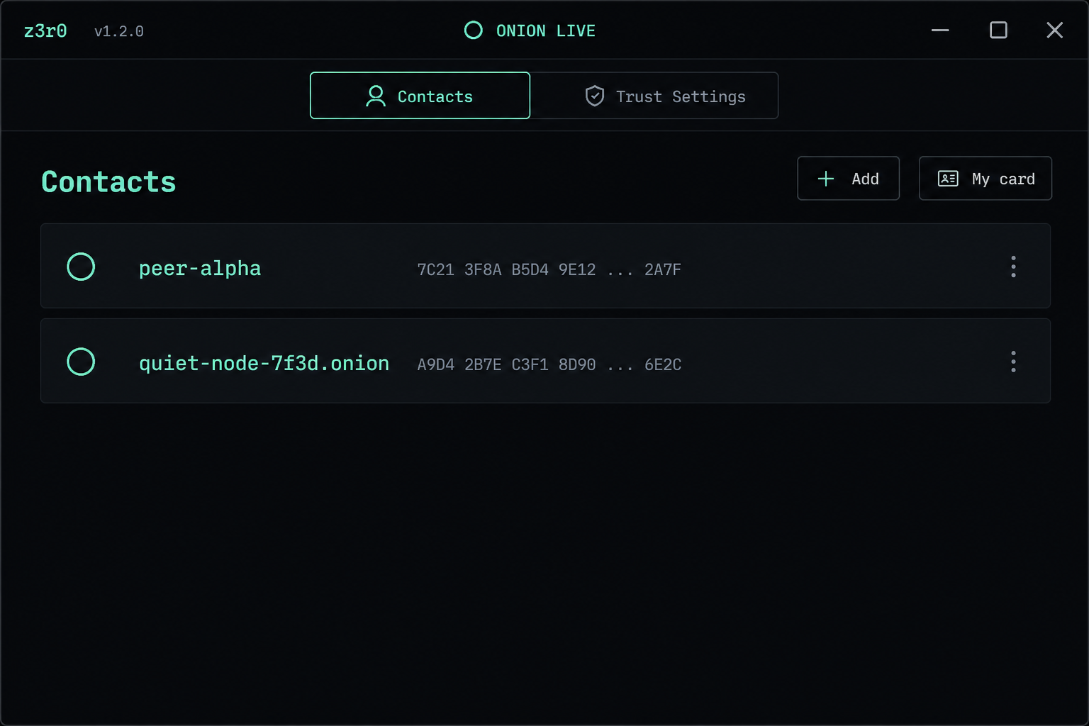 Dark.z3r0 contacts screen mock