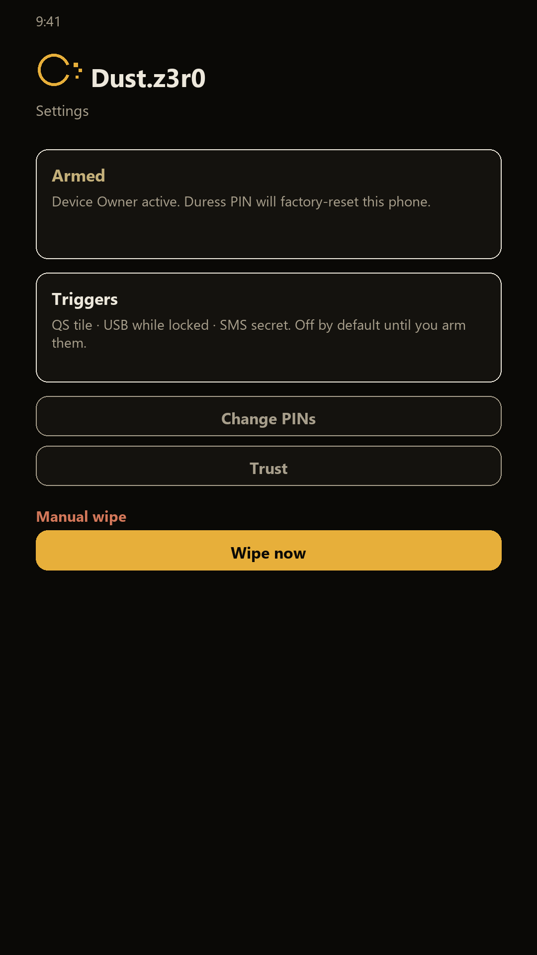 Dust.z3r0 settings screen mock showing Armed status